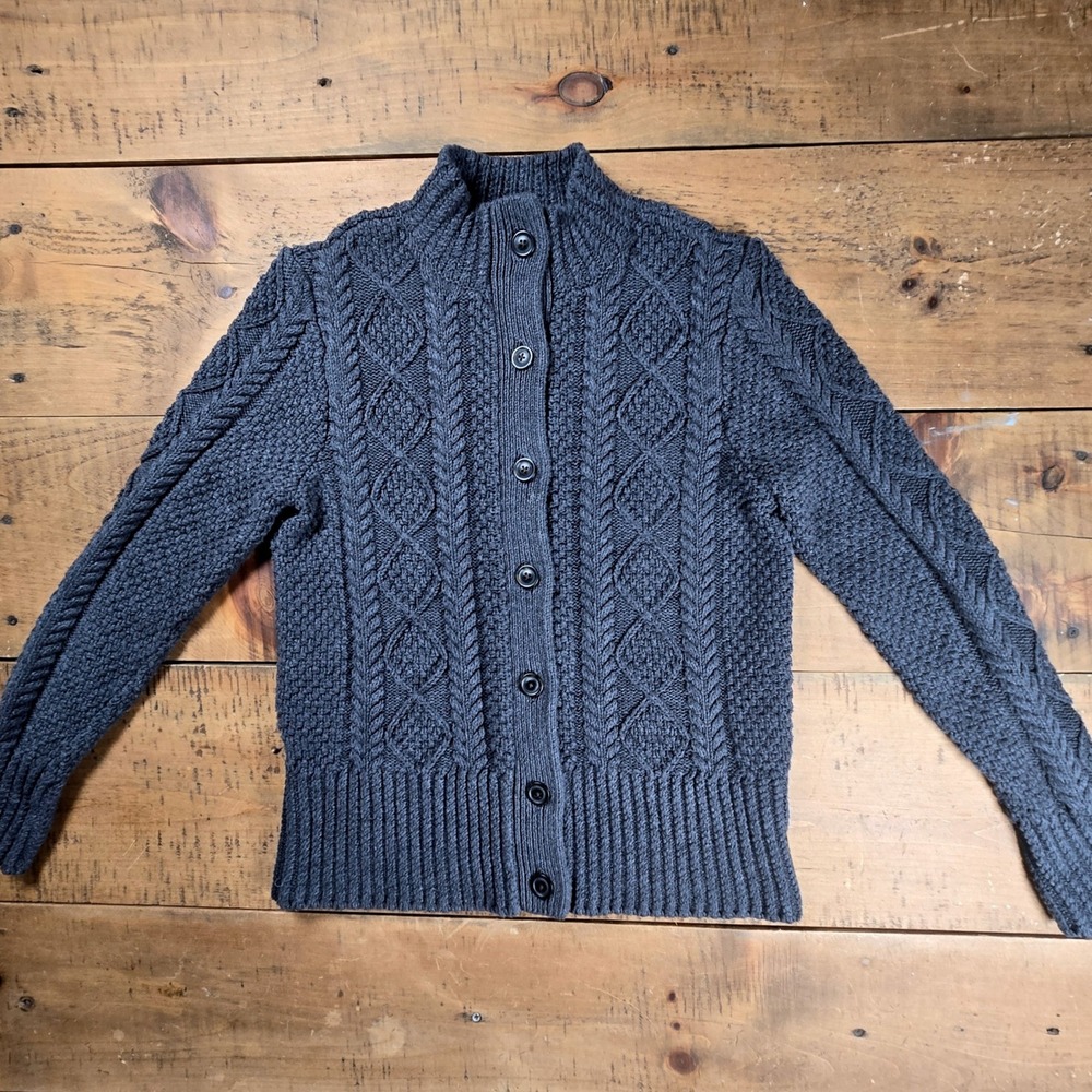 LL Bean Signature Women Gray Cotton Cable Knit Mock Neck Cardigan Sweater M